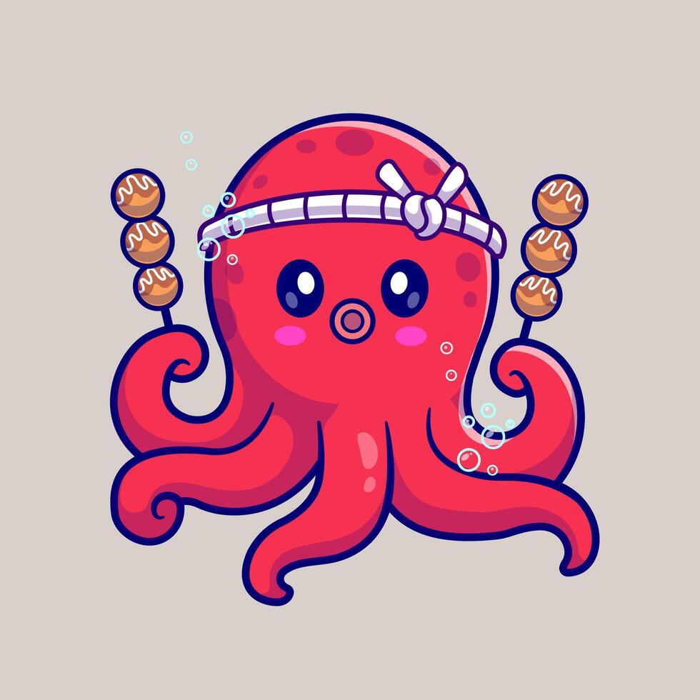 Cute Octopus Holding Takoyaki Cartoon Illustration vector