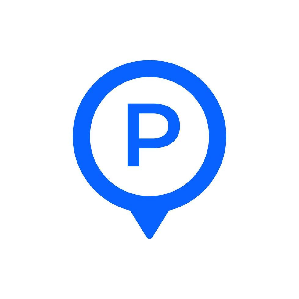 Blue p parking sign icon with letter p in white circle and arrow below it vector