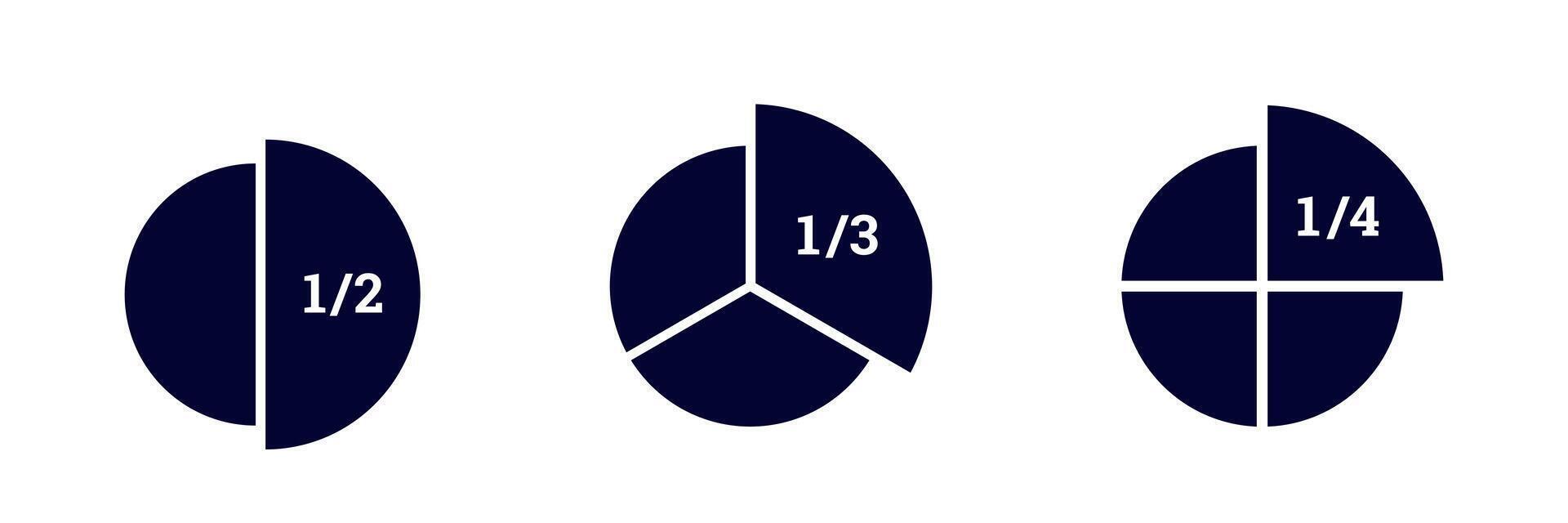 Visual representation of different pie chart fractions. one half, one third, one fourth vector