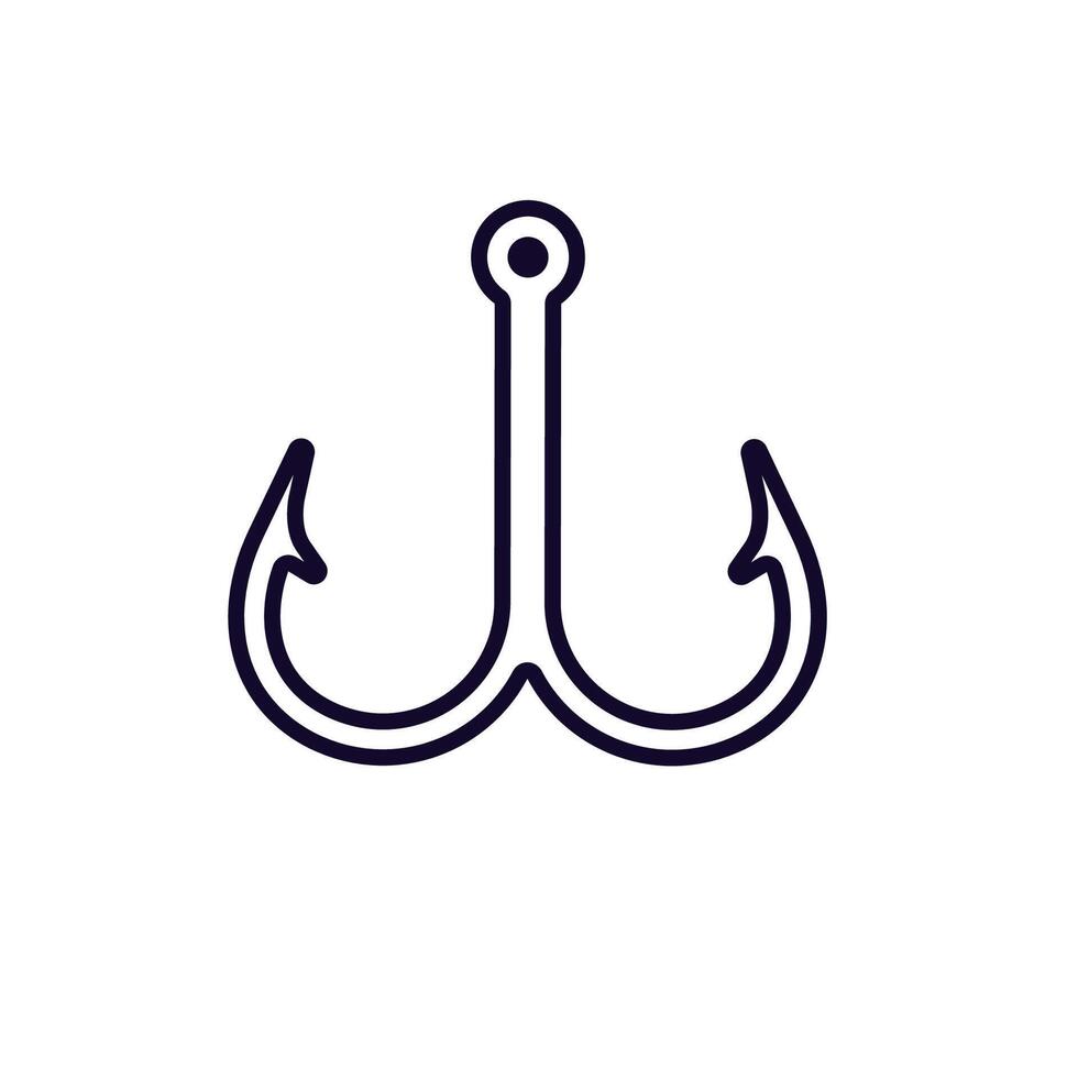Double-pointed fishing hook icon design with clean, simple, bold black outline on white vector