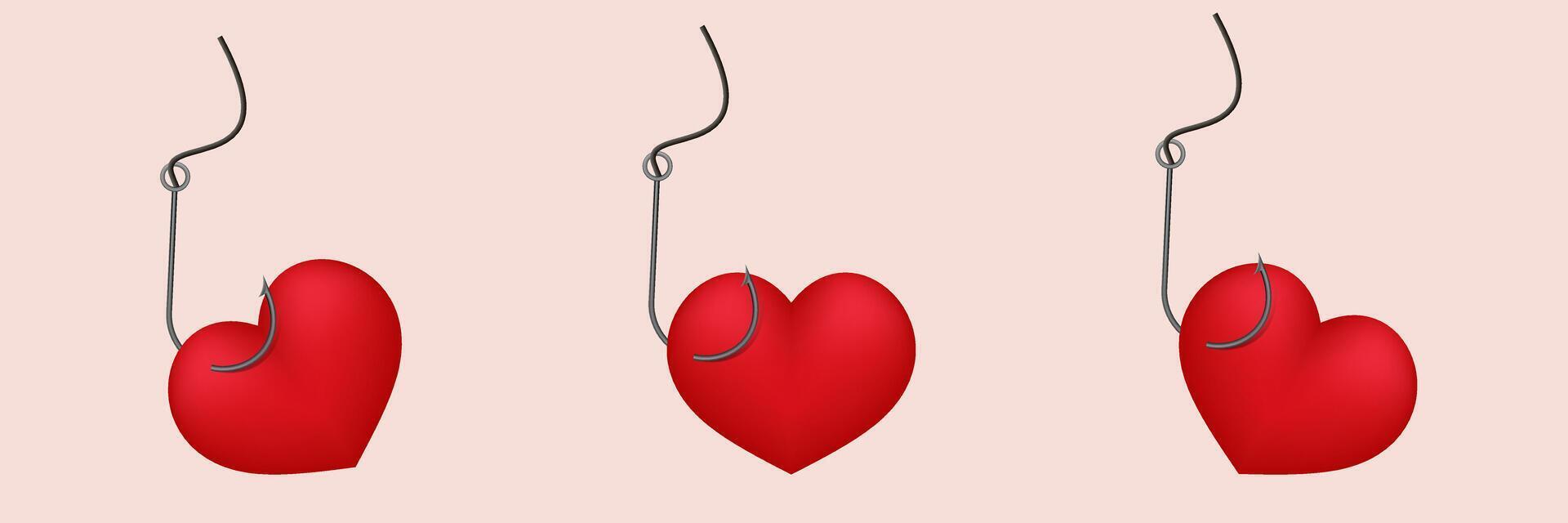 Red hearts on hooks symbolizing love and attachment with simple fishing hook design vector