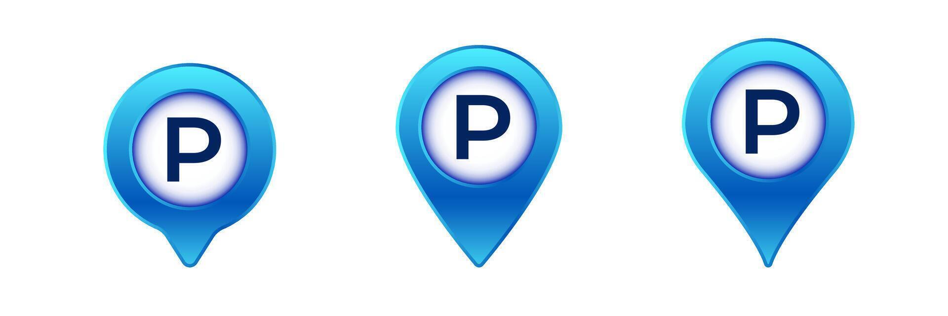 Blue parking icons with letter p inside pin-shaped symbols in three different styles vector