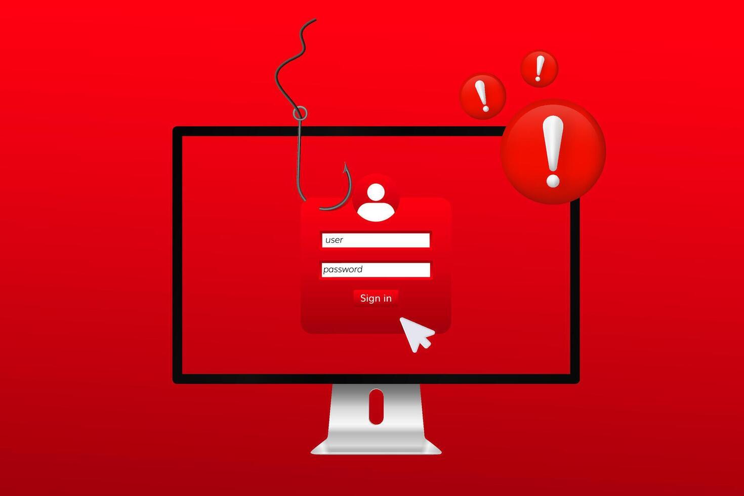 Computer screen with phishing alert and login panel symbols on display vector