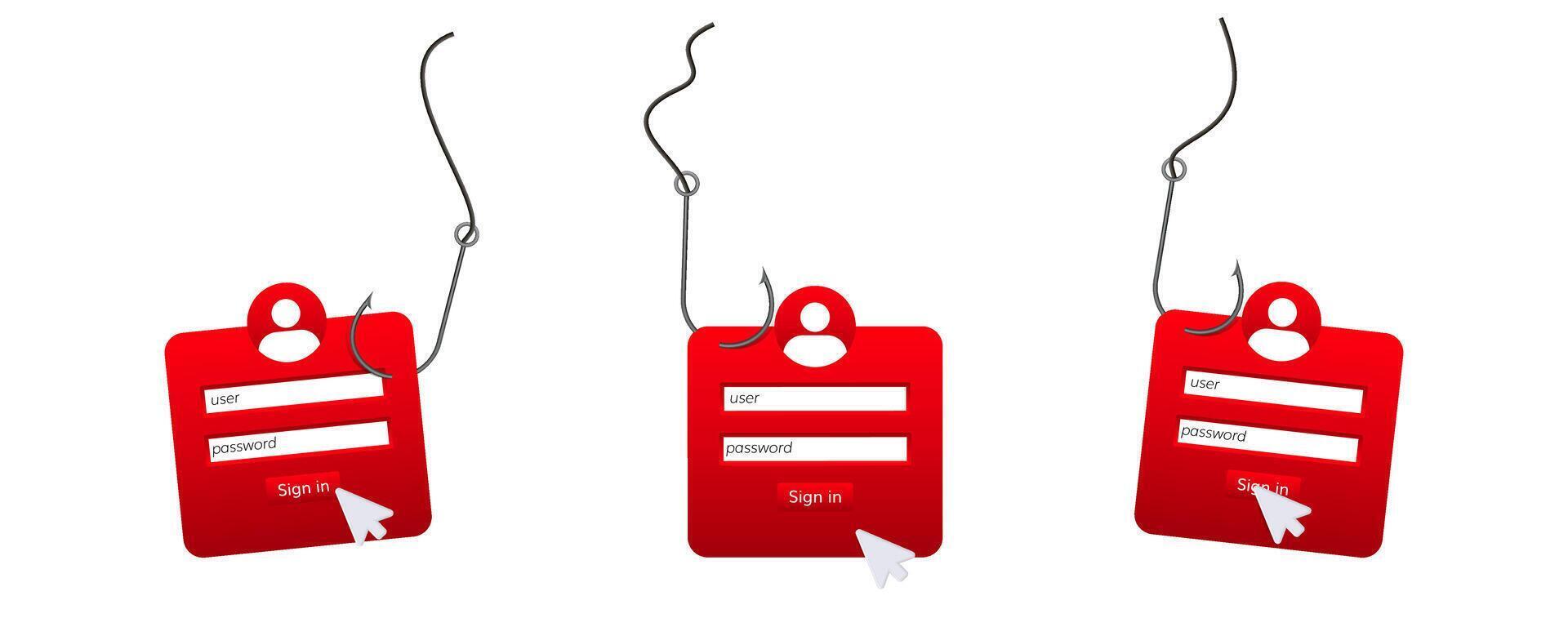 Red phishing concept showing danger of cyber attacks with hooked login forms and mouse cursors vector