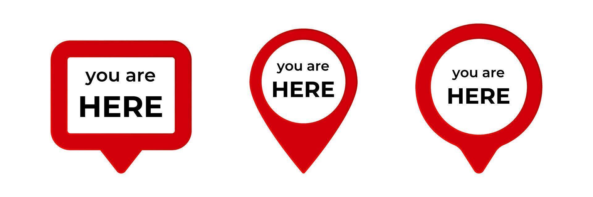 Three red location markers with text in circular and rectangular styles vector