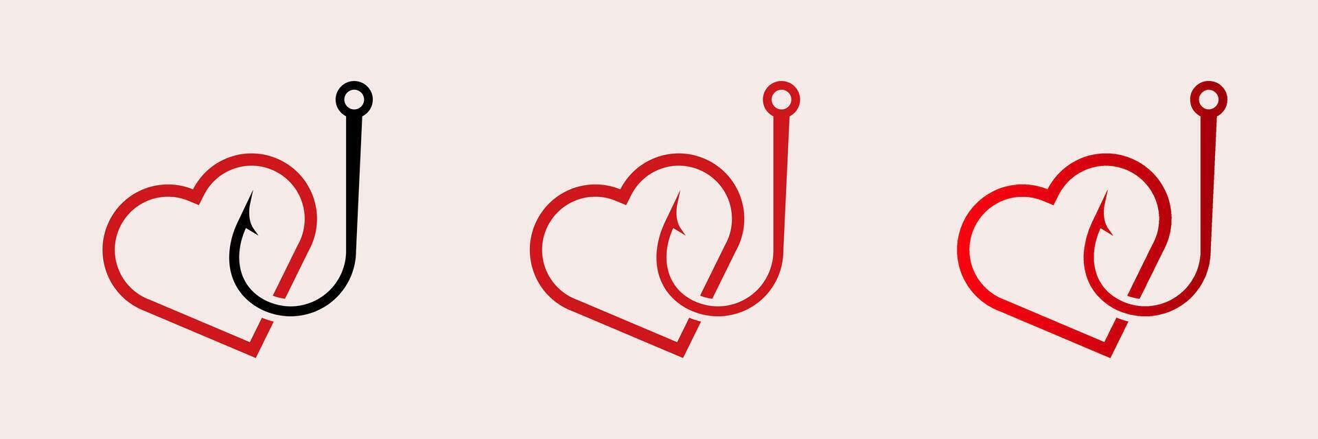 Heart shaped fishing hook designs in black and red variations with simple lines vector