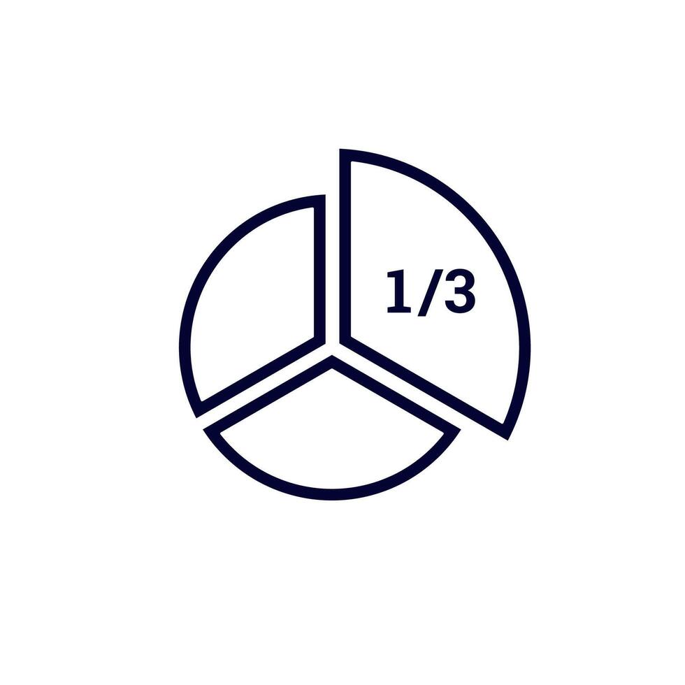 Simple black pie chart with one third highlighted in numerical fraction vector