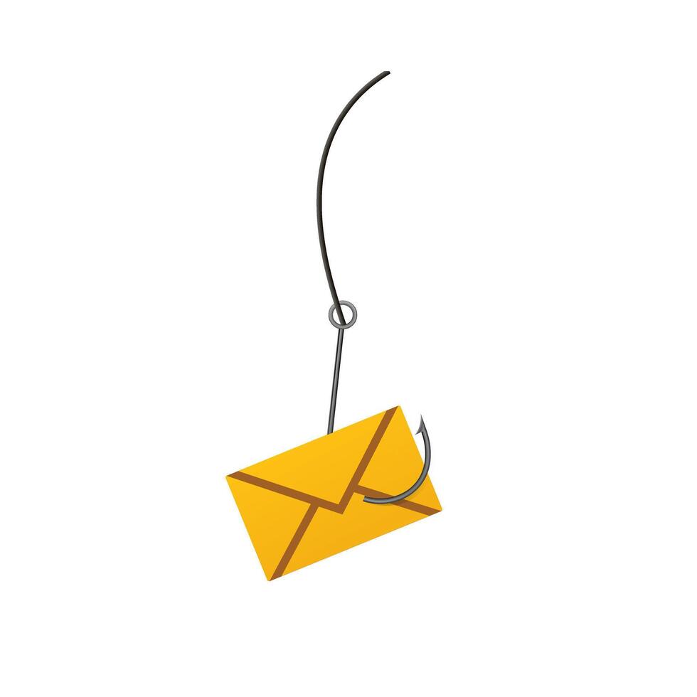 Yellow envelope caught on fishing hook symbolizing email phishing risks and cyber threats vector