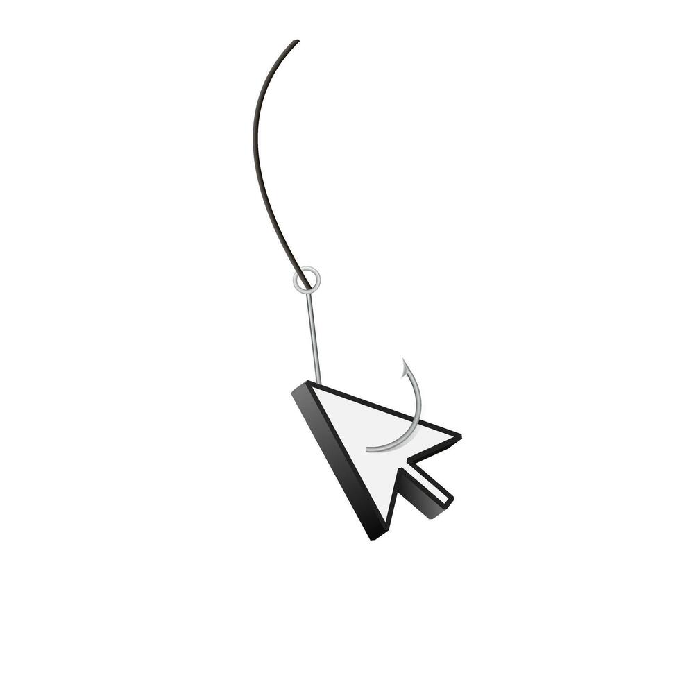 Computer mouse cursor attached to fishing hook symbolizing online scam concept vector