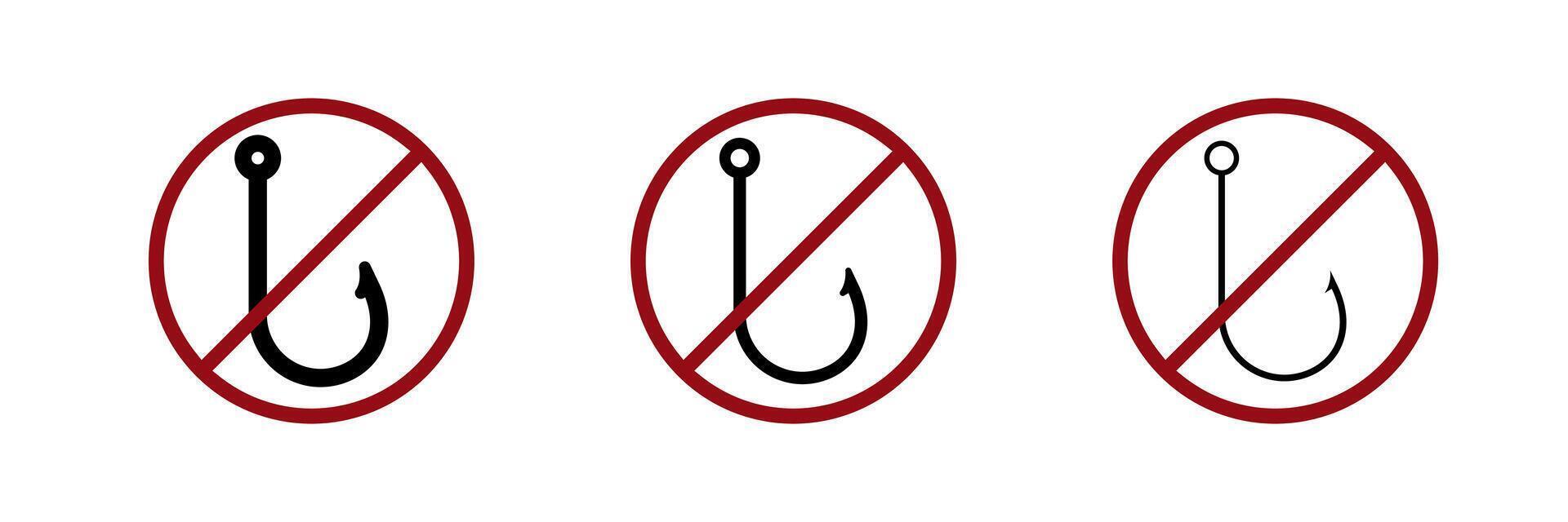 Three prohibition signs with fishing hook icons inside illustrating warning against fishing vector