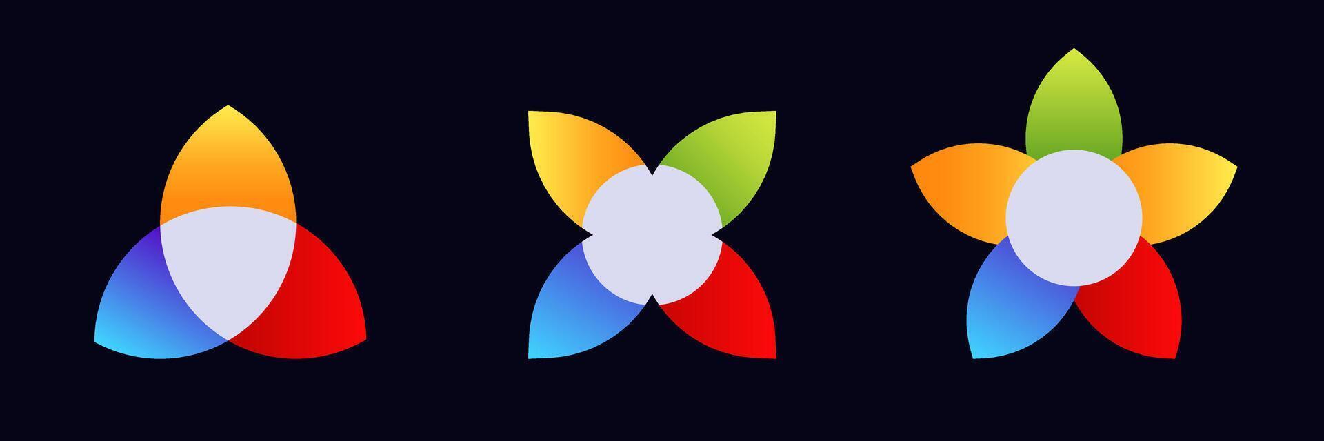 Three colorful abstract logos with overlapping flowerlike petals and central circles vector