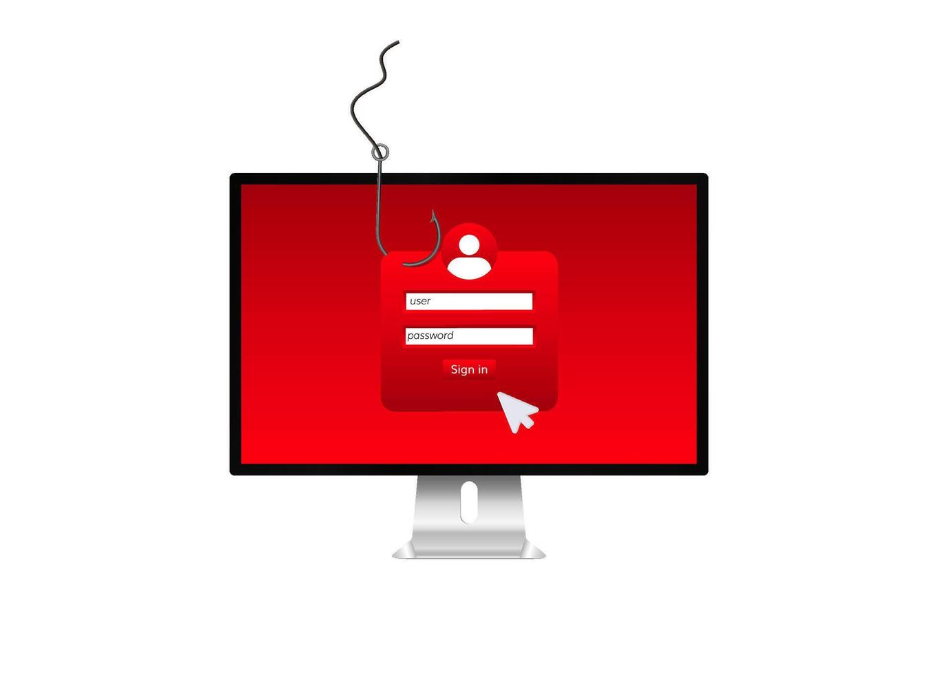 Computer screen with fishing hook symbolizing online phishing attack and security risks vector