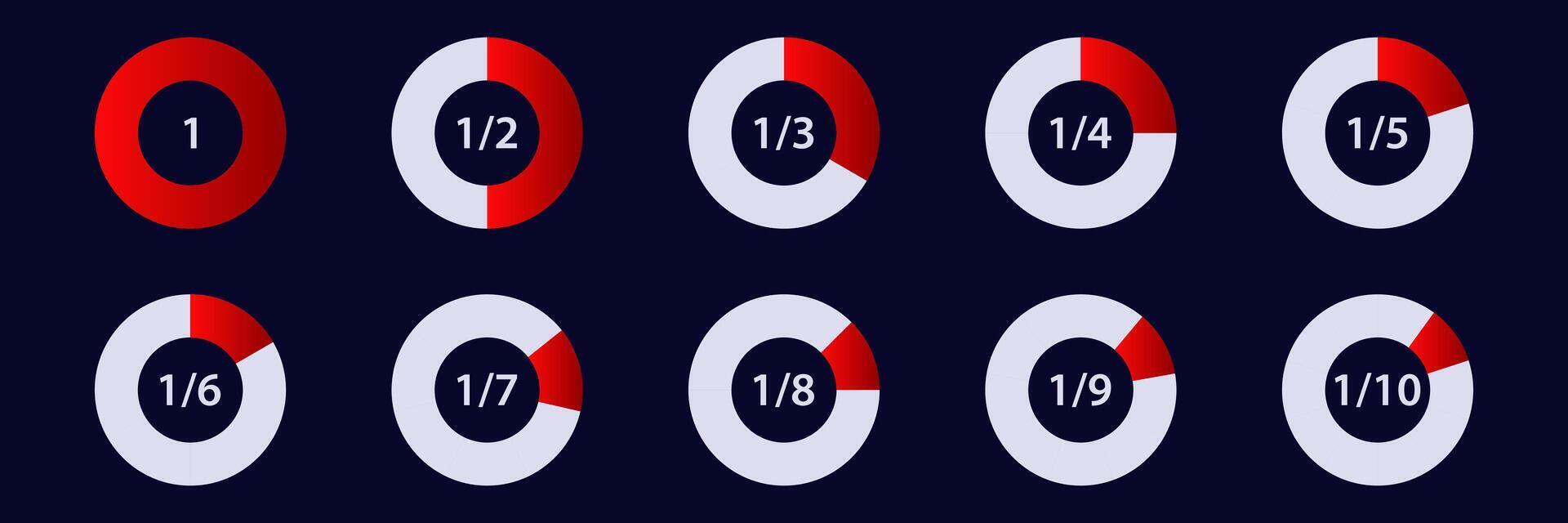 Red and white fraction circles from one half to one tenth display divided shape progression vector