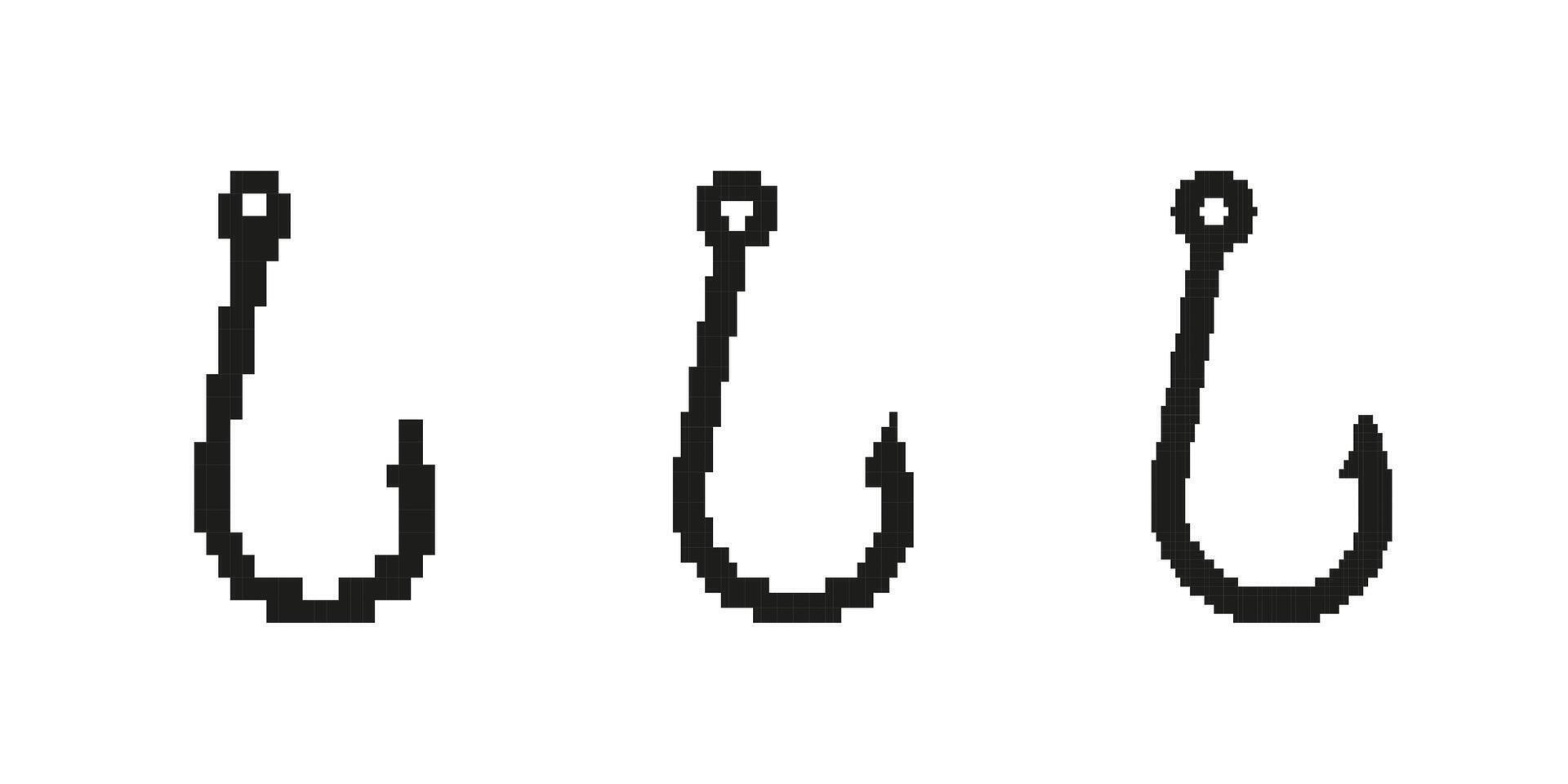 Three black fishing hooks in a row with simple pixel design for fishing enthusiasts vector