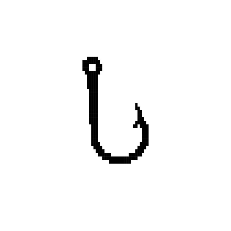 Pixel art fishing hook icon with simple black design vector