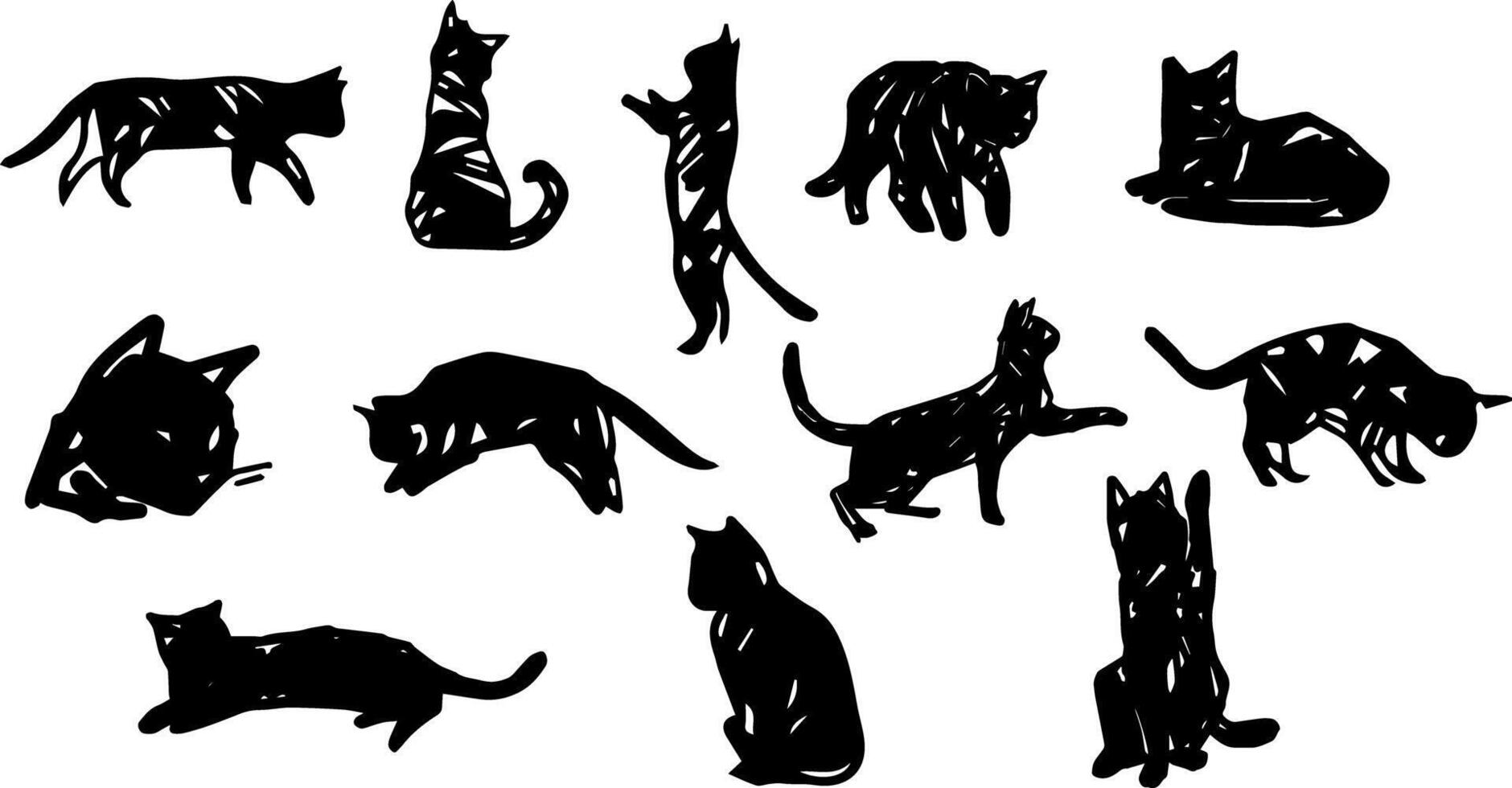 Set of 12 black lineart cats for graphic design vector