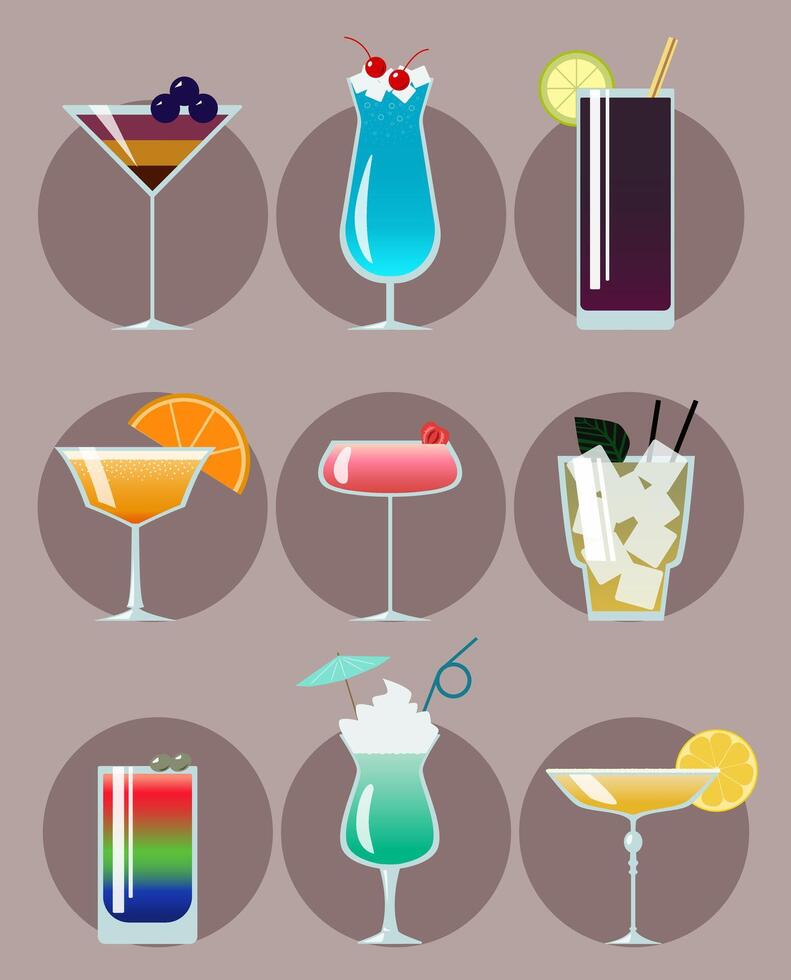 Set of fresh summer alcoholic cocktails. Colorful drinks in a flat style for a menu, web, or design. Beverages collection for aperitif vector
