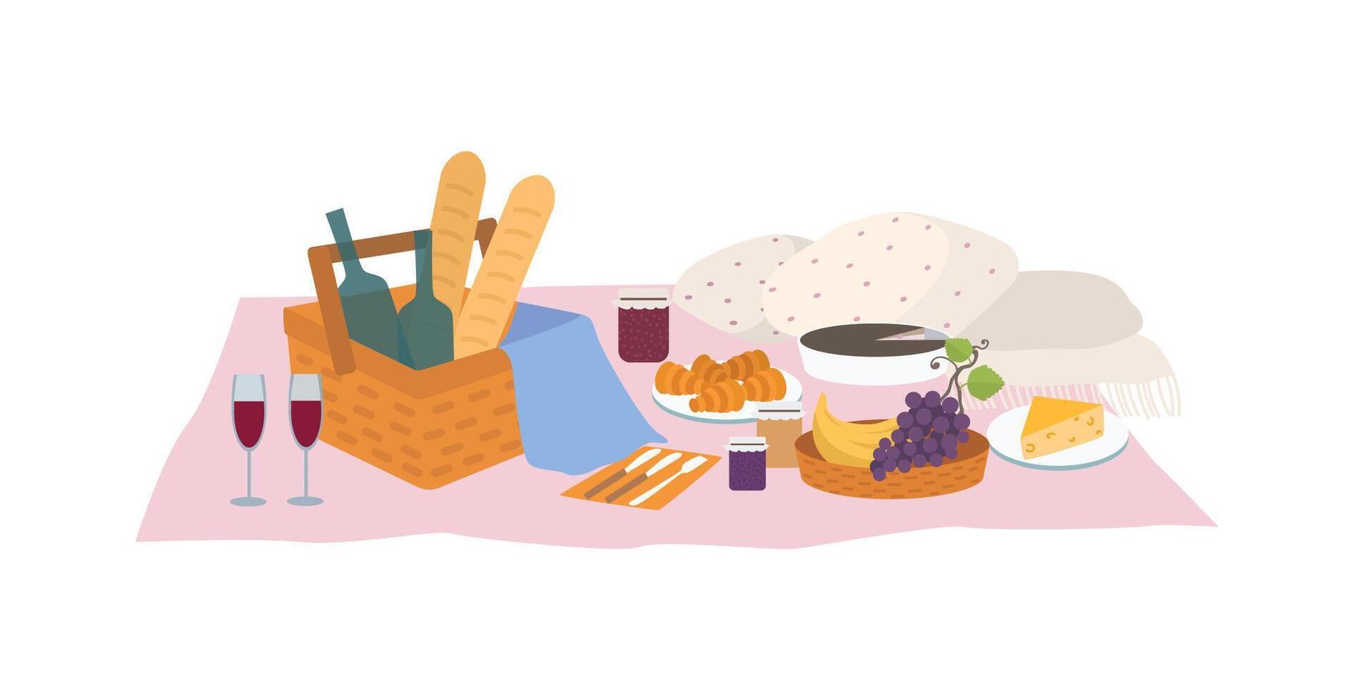 Tasty food and drinks lying in basket and on blanket isolated on white background. Delicious meals and wine for outdoor dinner or picnic. Bright colored illustration in flat cartoon style. vector
