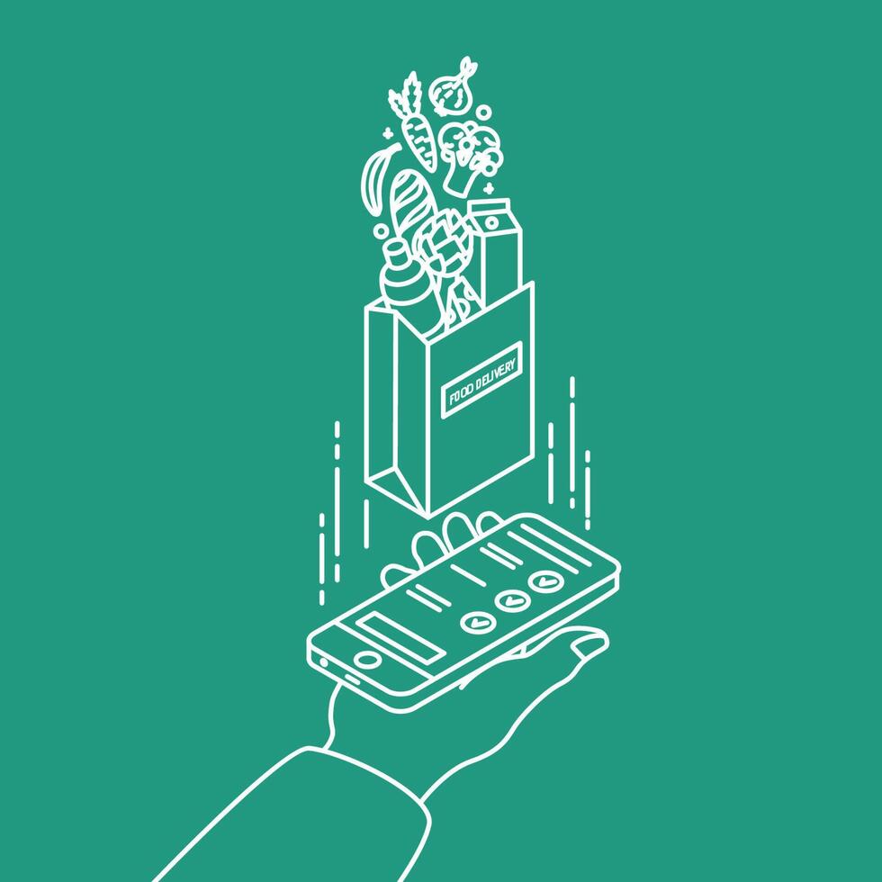 Hand holding smartphone and paper bag with products drawn with contour lines on green background. Food delivery service or online grocery store. Modern illustration in creative lineart style vector