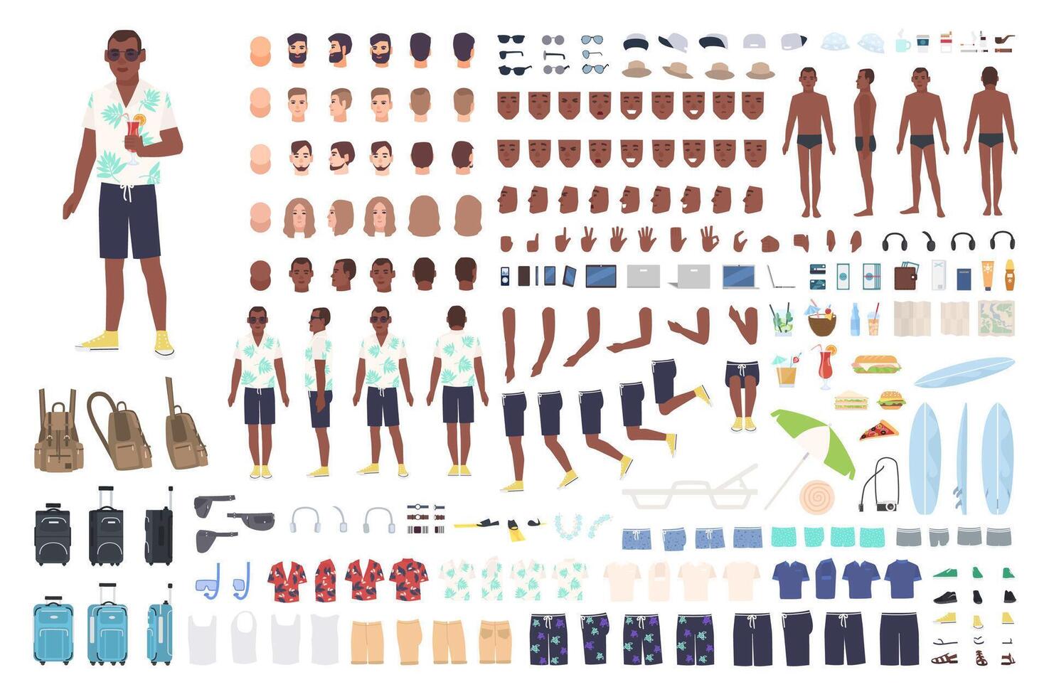 Guy on vacation animation or DIY kit. Collection of male tourist body elements, gestures, clothes, touristic equipment isolated on white background. Colored illustration in flat cartoon style. vector