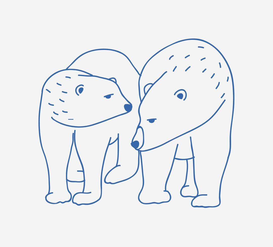 Adorable pair of polar bears hand drawn with contour lines on white background. Doodle drawing of couple of cartoon wild Arctic carnivorous animals walking together. Childish illustration vector