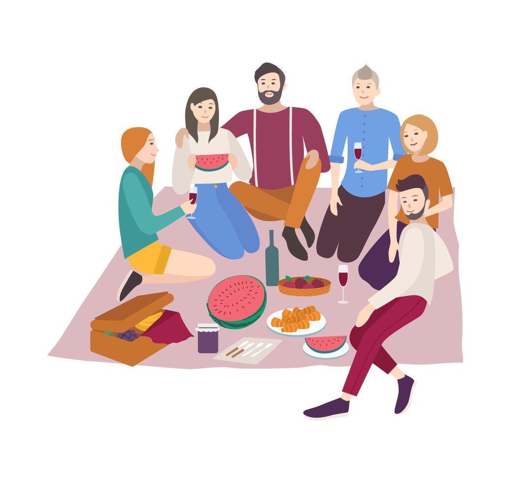 Happy friends having dinner outdoor isolated on white background. Group portrait of young smiling men and women eating food and drinking wine on picnic. illustration in flat cartoon style. vector