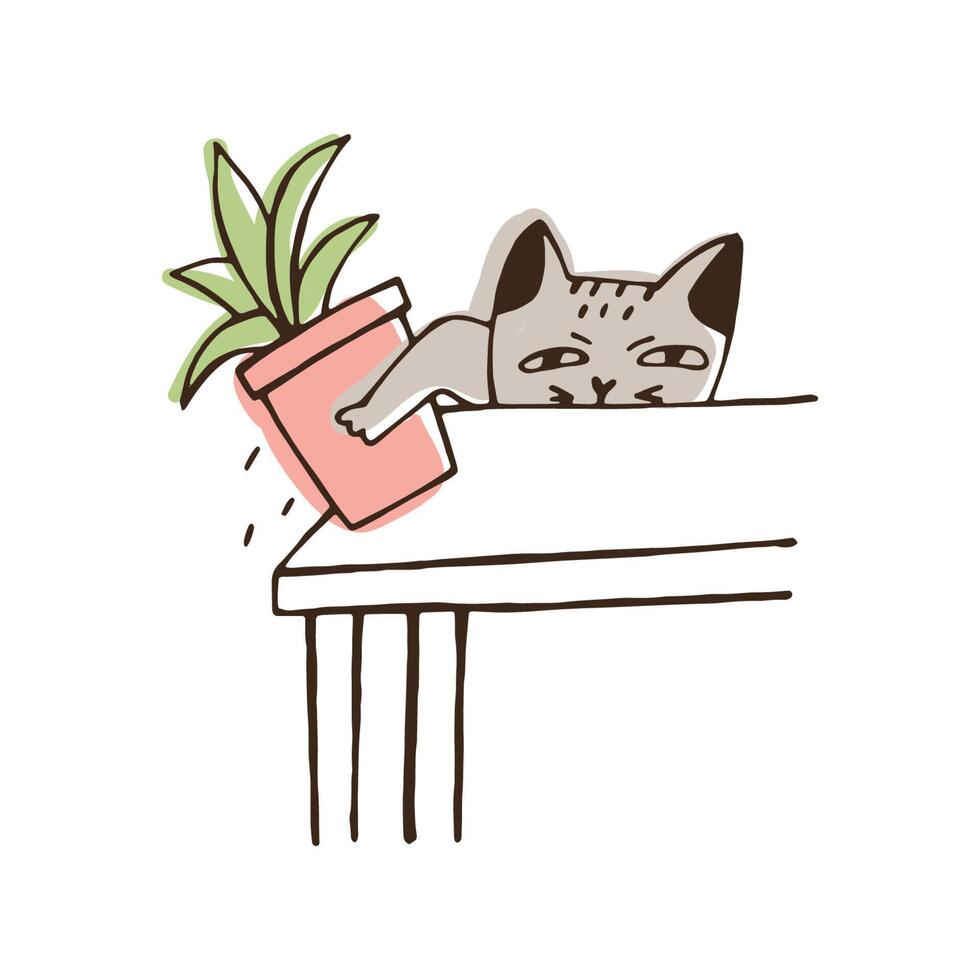 Nasty cat throwing potted plant off table. Amusing naughty kitty dropping houseplant isolated on white background. Disobedient behavior of domestic animal. Colorful hand drawn illustration vector