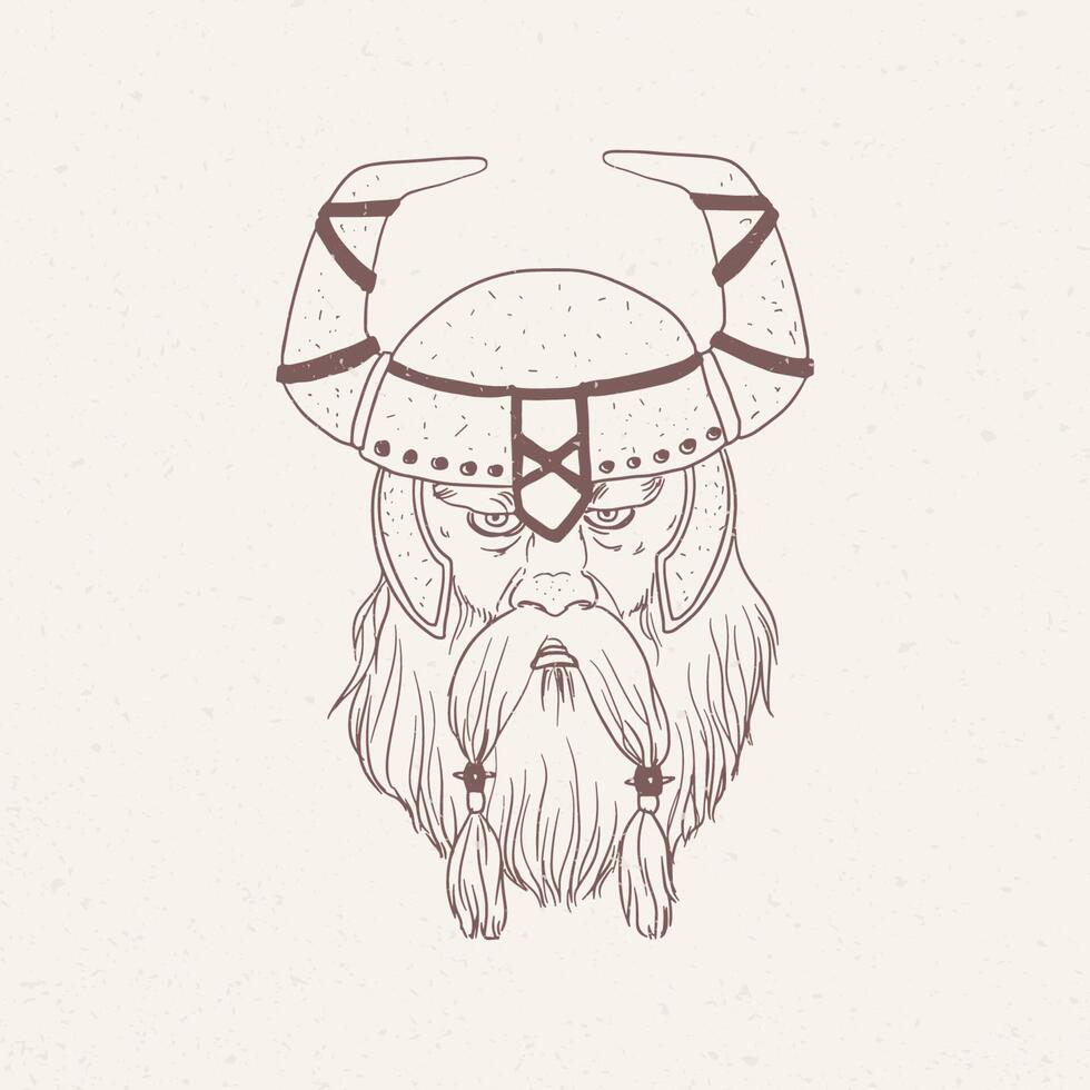 Portrait of viking with beard wearing horned helmet hand drawn with contour lines on light background. Drawing of head of ancient Nordic or Scandinavian warrior. Monochrome illustration. vector