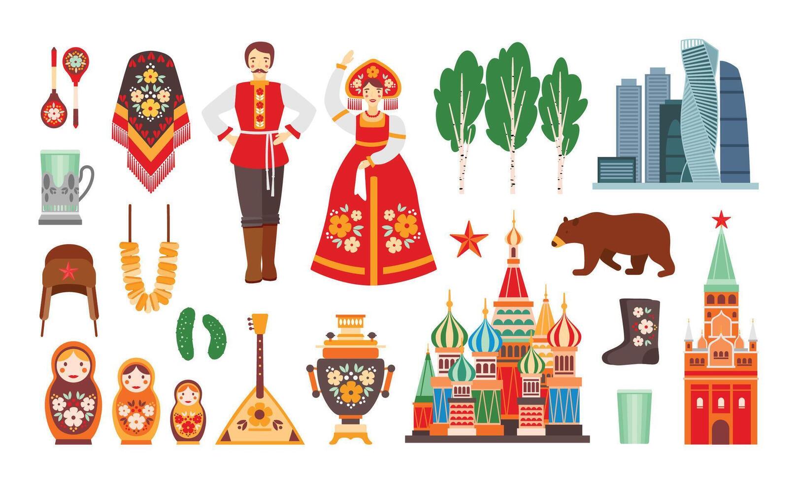 Collection of Russian national costumes, attributes, buildings isolated on white background - matryoshka, balalayka, birch tree, Kremlin, bear, valenki footwear, faceted glass. Cartoon . vector