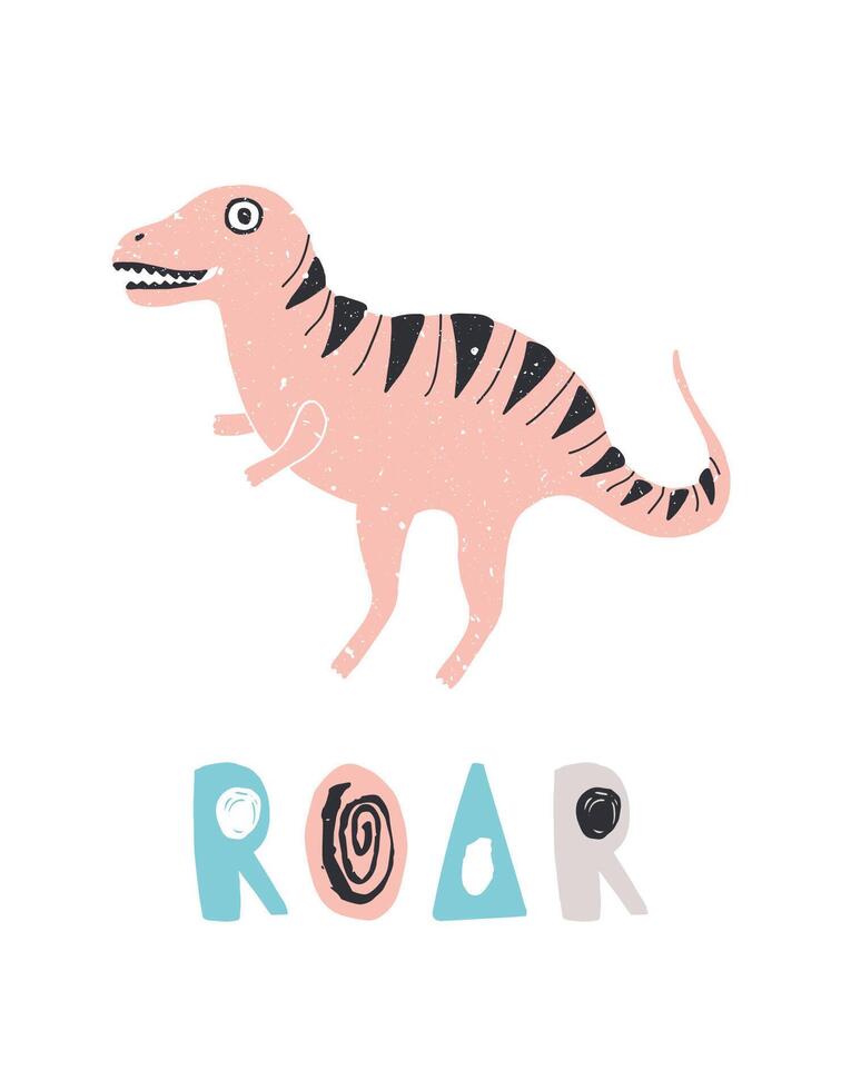 Funny dinosaur or T-Rex and ROAR lettering isolated on white background. Cute extinct animal or giant reptile. Colorful childish illustration in flat cartoon style for apparel print vector