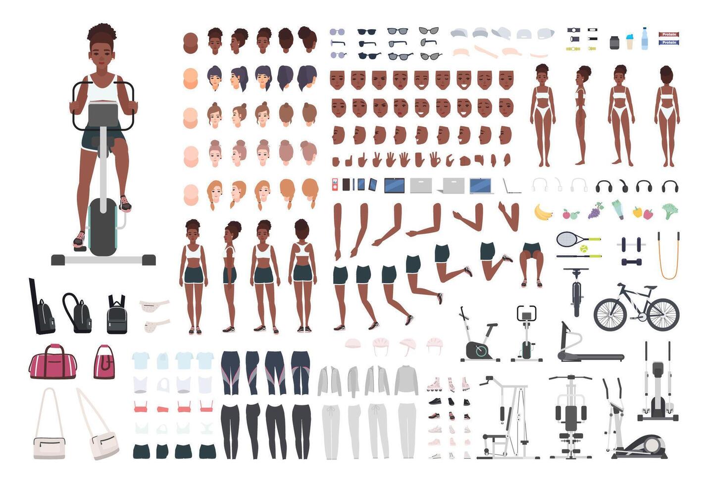 African American sportswoman or female athlete DIY or animation kit. Set of slim girl's body parts, sports apparel, gym exercise machines isolated on white background. Cartoon illustration. vector