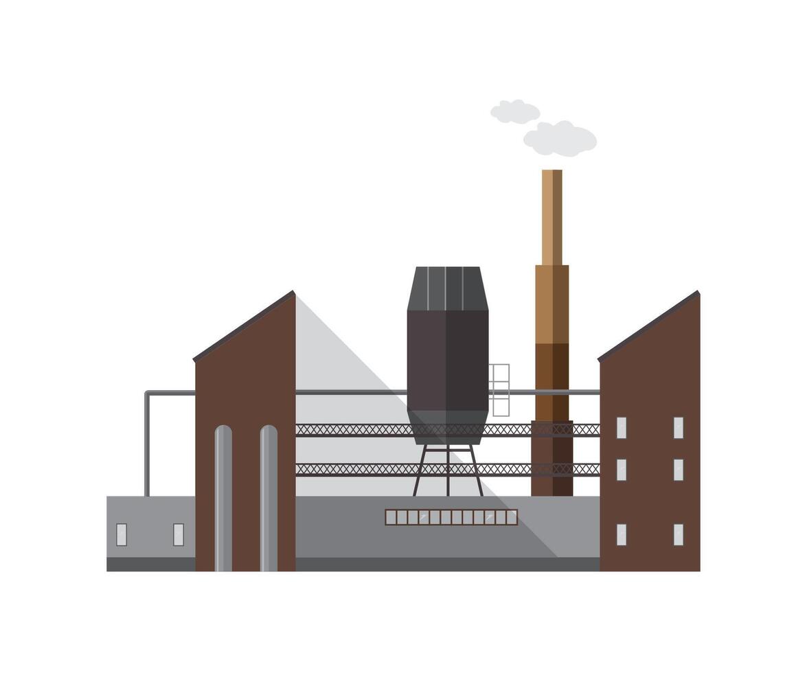 Facade of factory building or boiler house with pipe emitting vapor or gas isolated on white background. Exterior of centralized heating plant. Cartoon colorful illustration in flat style. vector