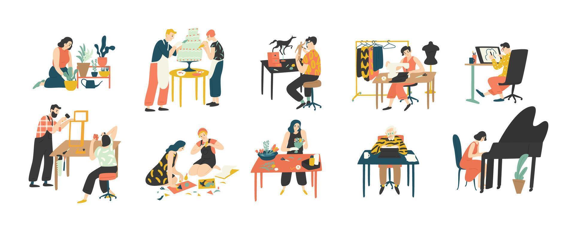 Collection of people enjoying their hobbies - home gardening, culinary, sewing, drawing, paper collage making, floristics, writing, piano playing. Colorful illustration in flat cartoon style. vector