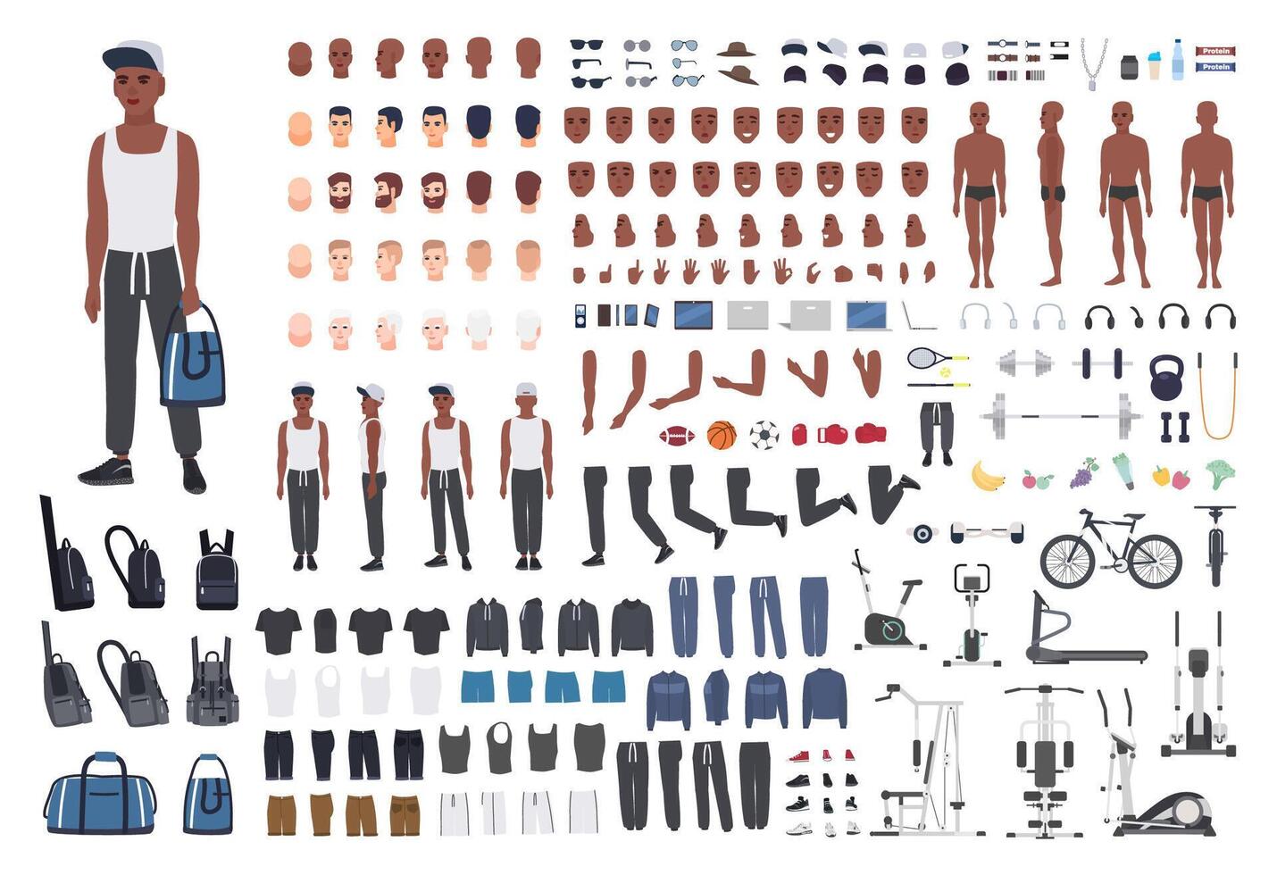 African American sportsman or male athlete DIY or animation kit. Bundle of man's body elements, sports apparel, training equipment isolated on white background. Flat cartoon illustration. vector