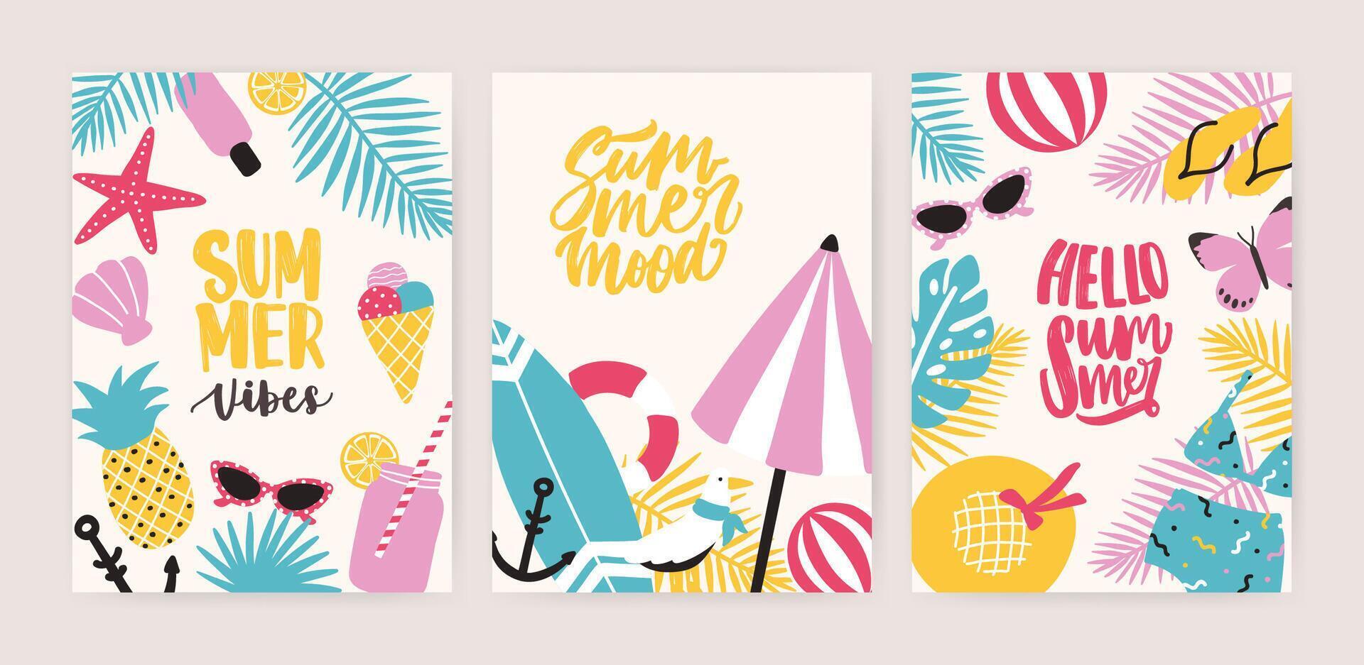 Collection of summer card or flyer templates with decorative summertime lettering and tropical exotic paradise beach attributes. Colorful creative seasonal illustration in flat cartoon style. vector