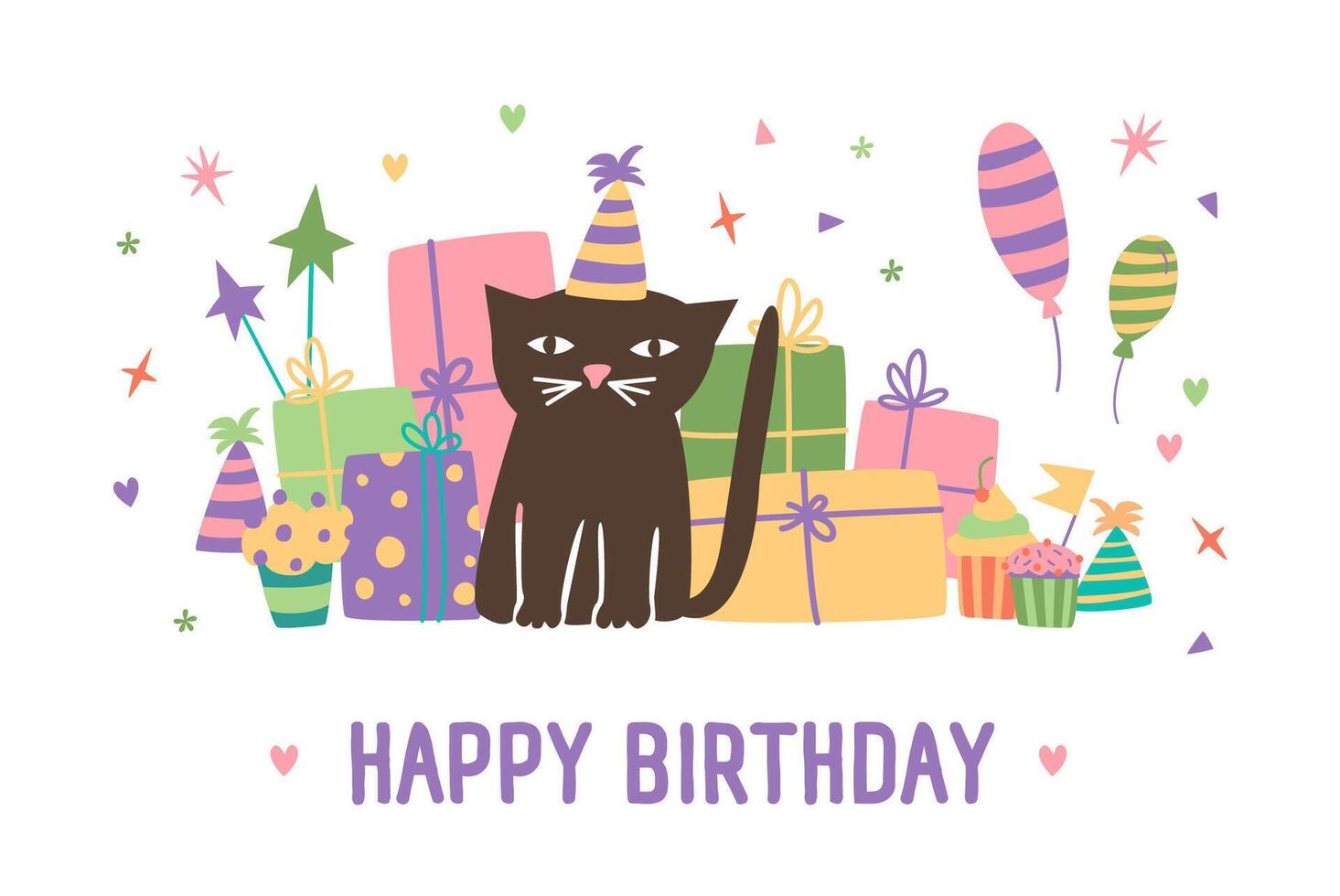 Happy birthday inscription and adorable cartoon cat in cone hat sitting against present boxes, balloons and confetti on background. Festive illustration in flat style for greeting card. vector