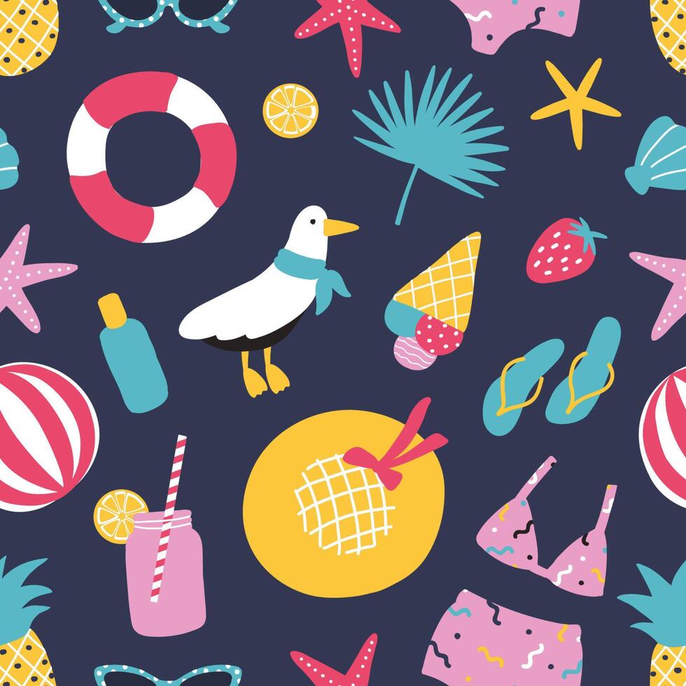 Summer seamless pattern with exotic fruits, seashells, seagull, jungle leaves, swimsuit, seagull. Summertime backdrop. Seasonal illustration for textile print, wrapping paper, wallpaper. vector