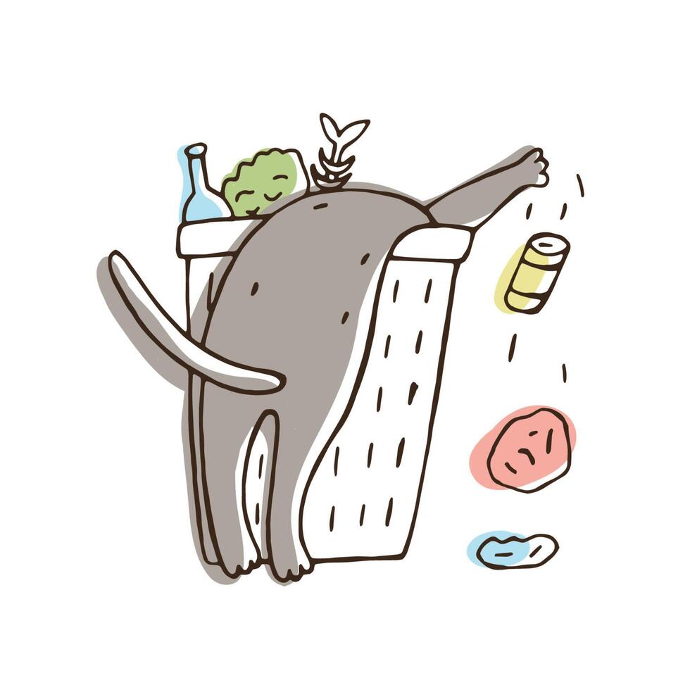 Cat throwing trash out of litter bin or bucket. Naughty kitty scattering garbage isolated on white background. Problematic behavior of domestic animal. Colorful hand drawn illustration. vector
