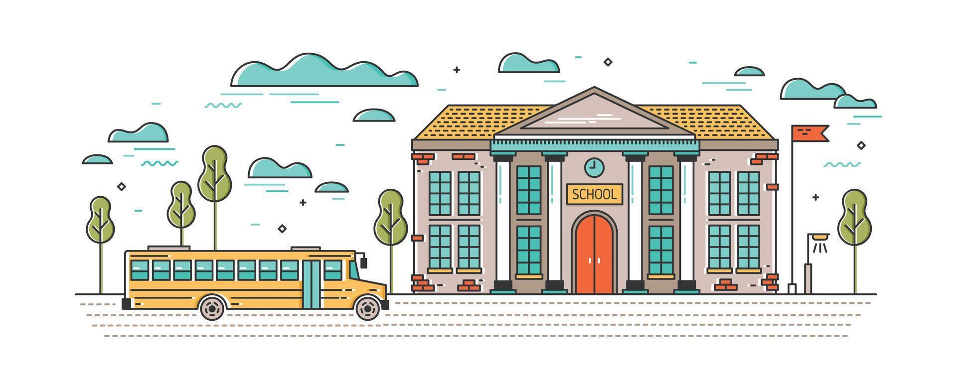 Horizontal banner with classic school building and bus for children driving on road. Educational institution, system of formal education. Bright colored illustration in modern line art style. vector