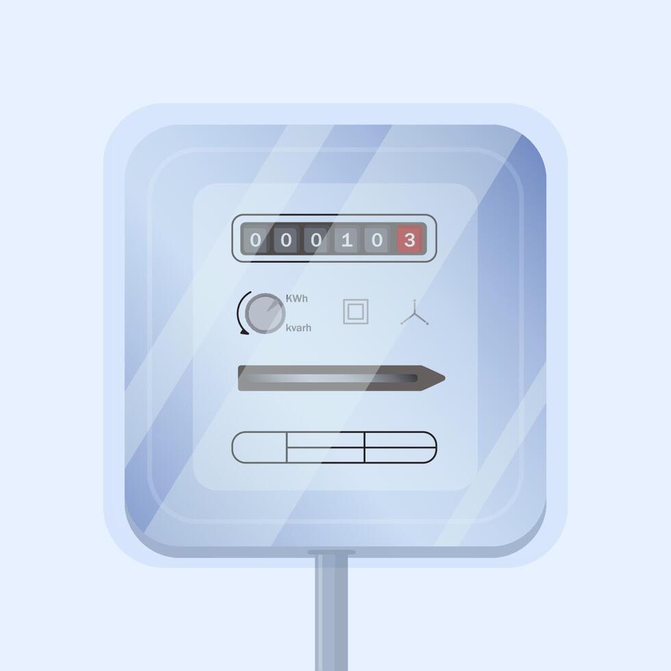 Simple domestic analogue electricity or electrical meter isolated on light background. Device measuring consumed electric energy in kilowatt hours. Colorful illustration in flat style. vector