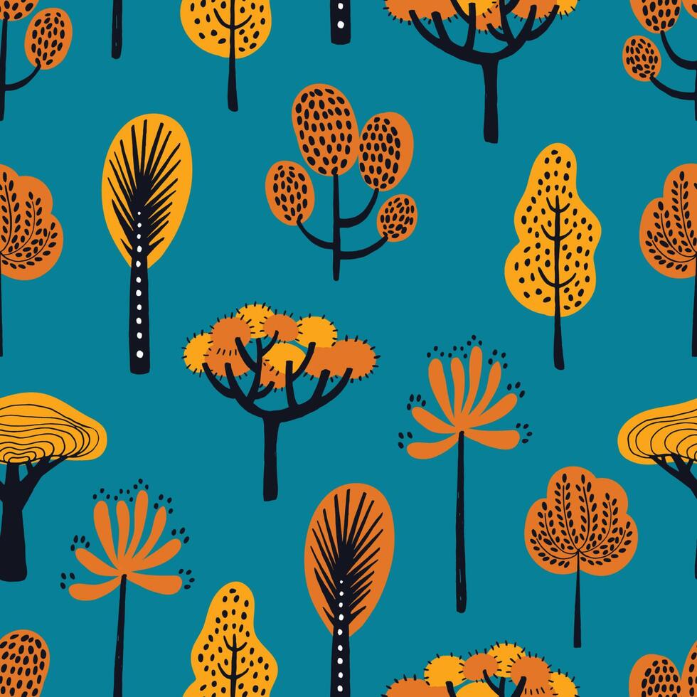 Seamless pattern with different hand drawn autumn trees on blue background. Backdrop with cartoon woodland. Seasonal illustration in doodle style for wallpaper, textile print, wrapping paper. vector