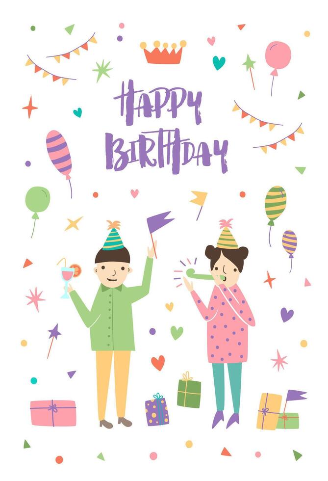 Birthday greeting card with boy and girl wearing cone hats and surrounded by confetti, balloons, festive gifts, flag garlands. Pair of cartoon characters at celebration party. illustration. vector