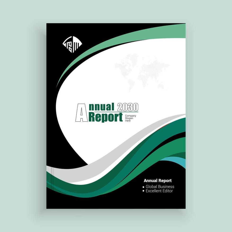 an annual report cover template with green and black waves vector