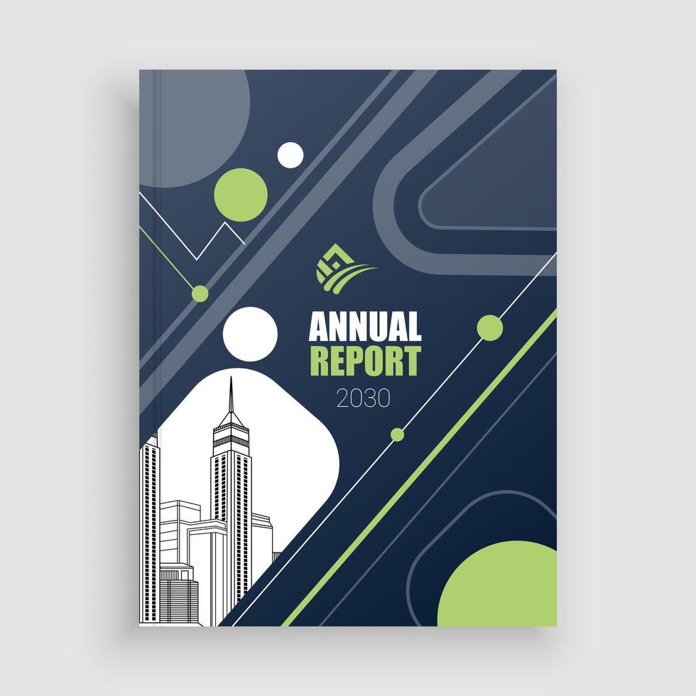 an annual report cover with a city skyline design vector