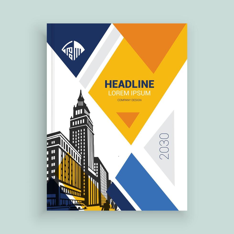 a brochure cover with a city skyline layout design vector