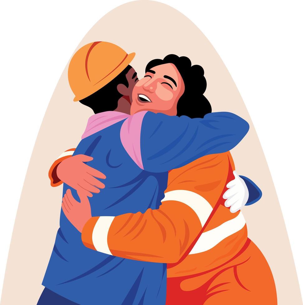 Happy workers hugging each other, flat style illustration vector