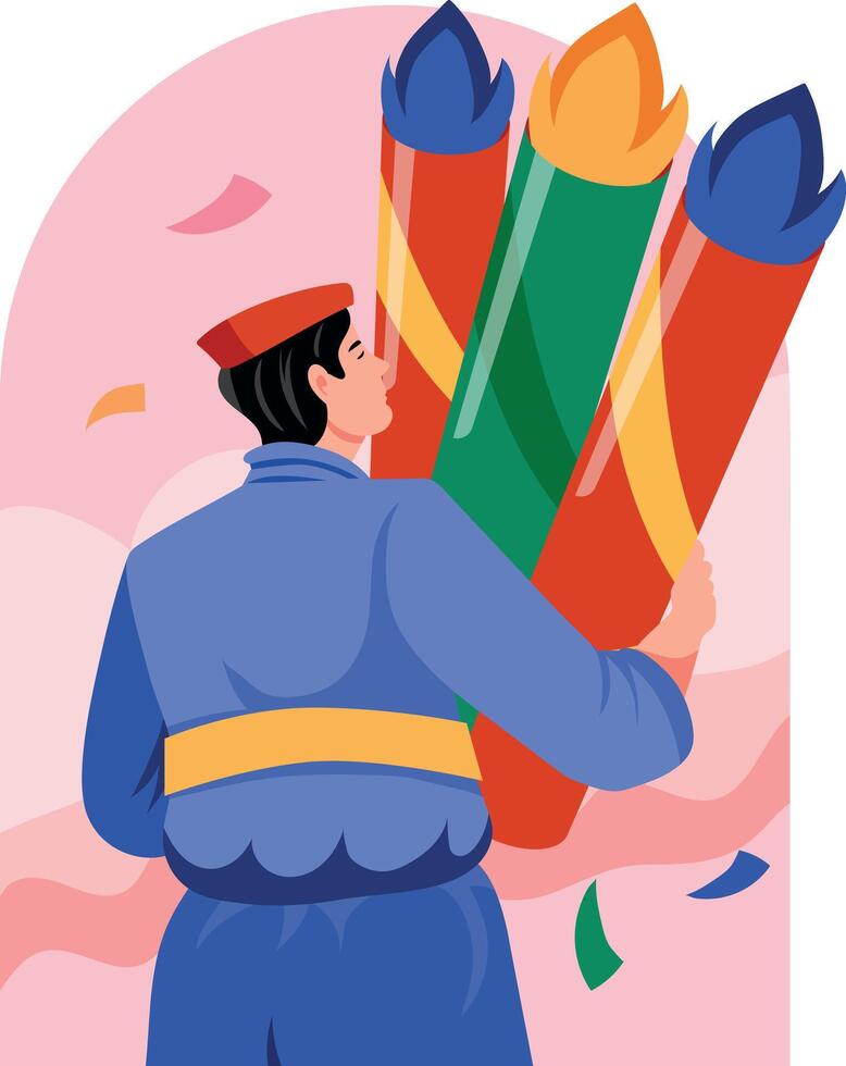 A flat style illustration of celebrating character holding fireworks vector