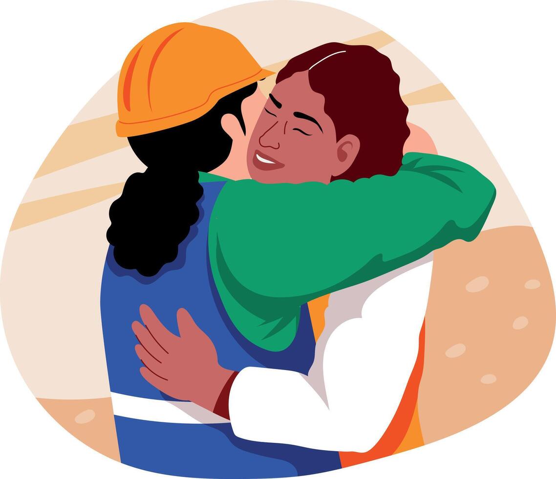 Two female workers hugging illustration in flat style vector