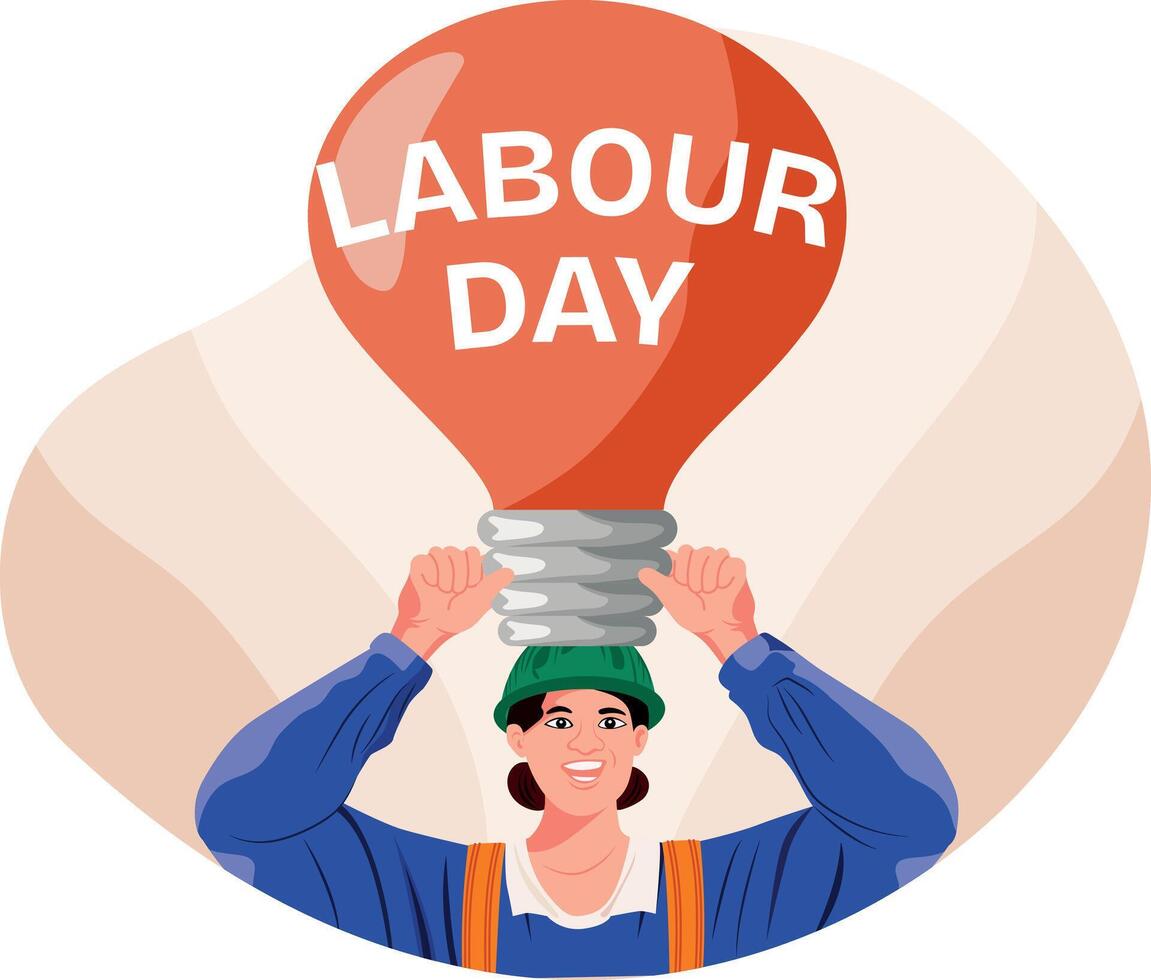 A flat illustration of electrician holding lightbulb depicting labour day vector