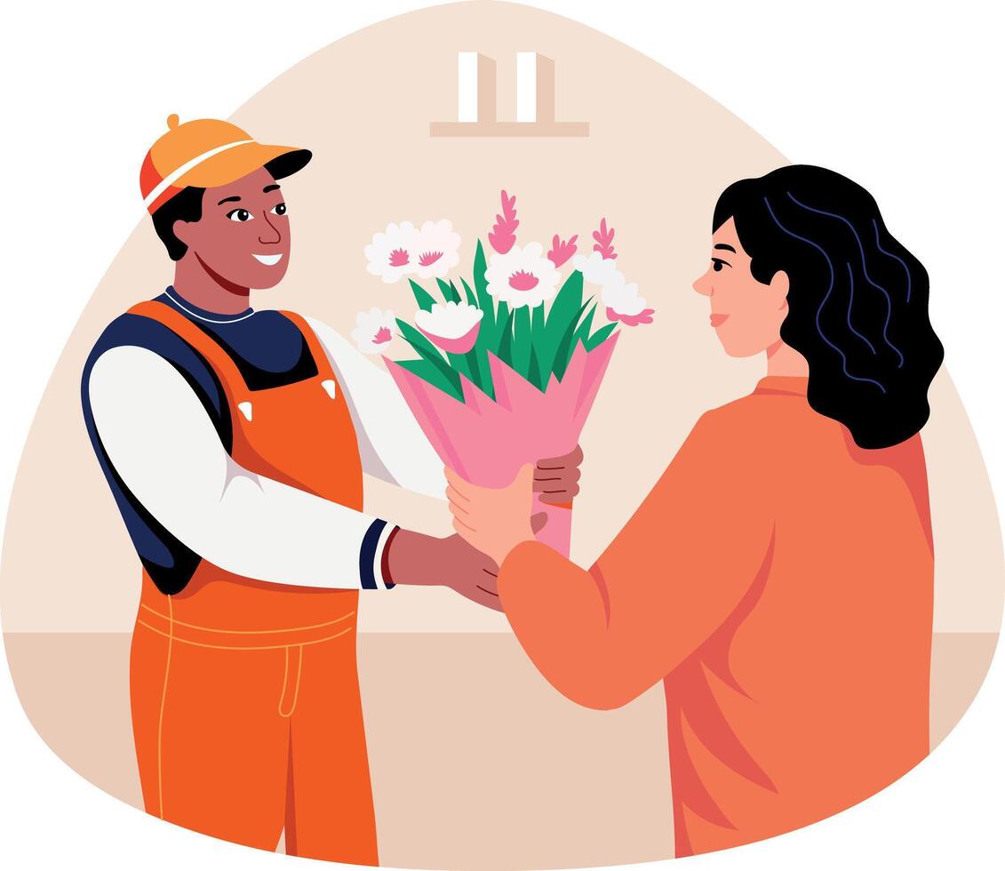 A woman gives appreciation flower to a worker, flat style illustration vector